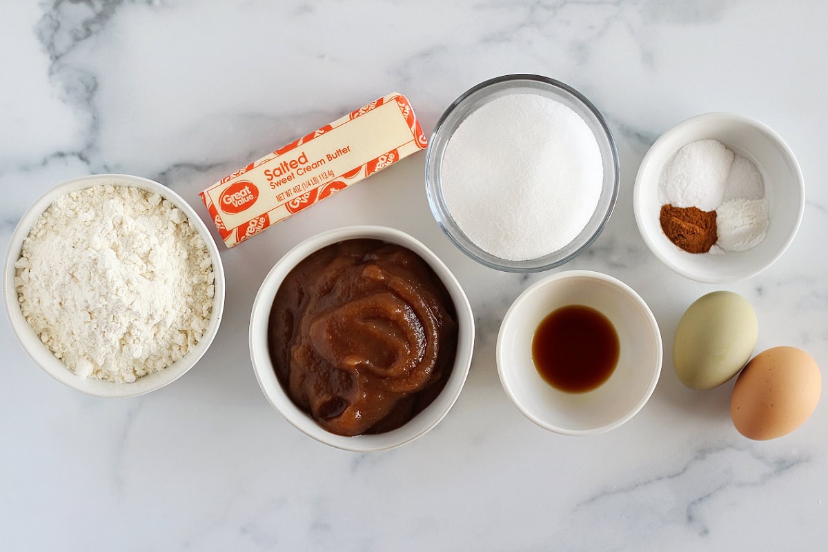 Homemade apple butter, flour, monk fruit sweetener and other ingredients for quick bread.