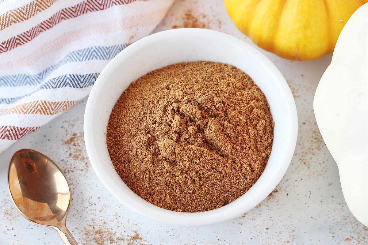 Pumpkin pie spice in a small white bowl surrounded by pumpkins.