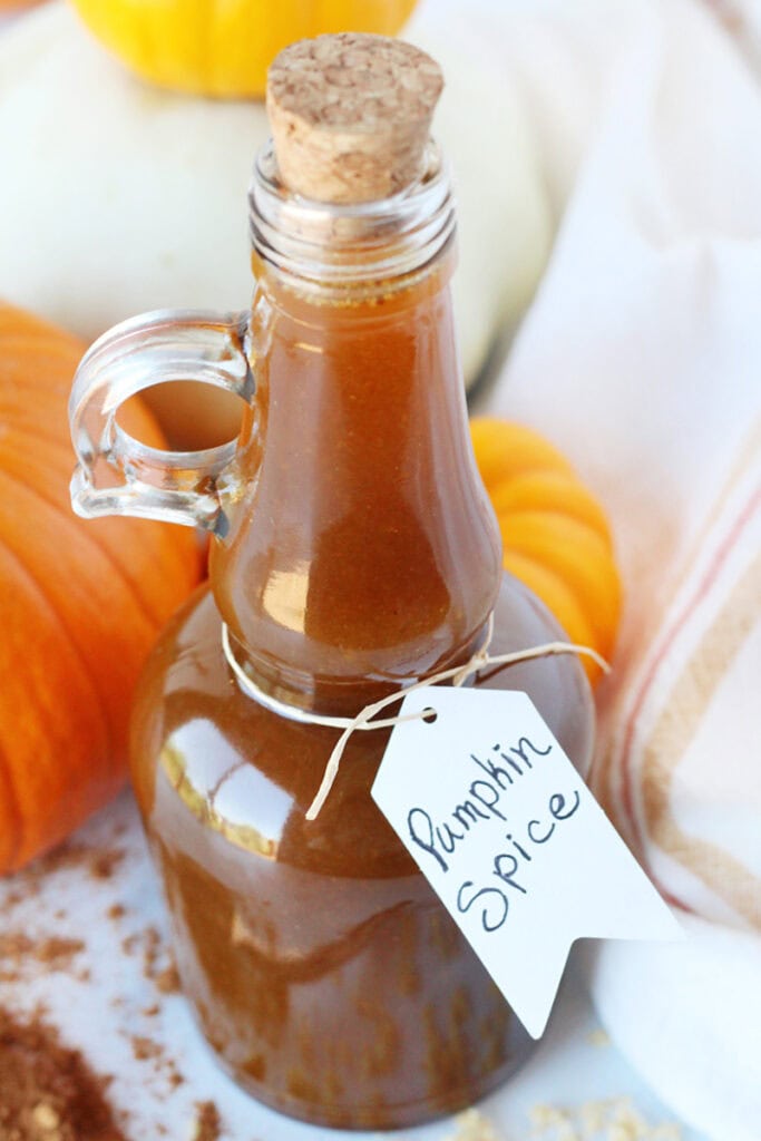 Pumpkin pie spice tag on a bottle of homemade coffee syrup.