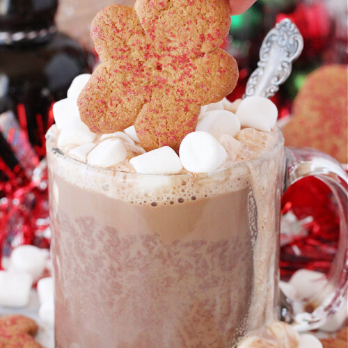 A woman's fingers placing a gingerbread man atop a mug of hot cocoa and marshmallows.