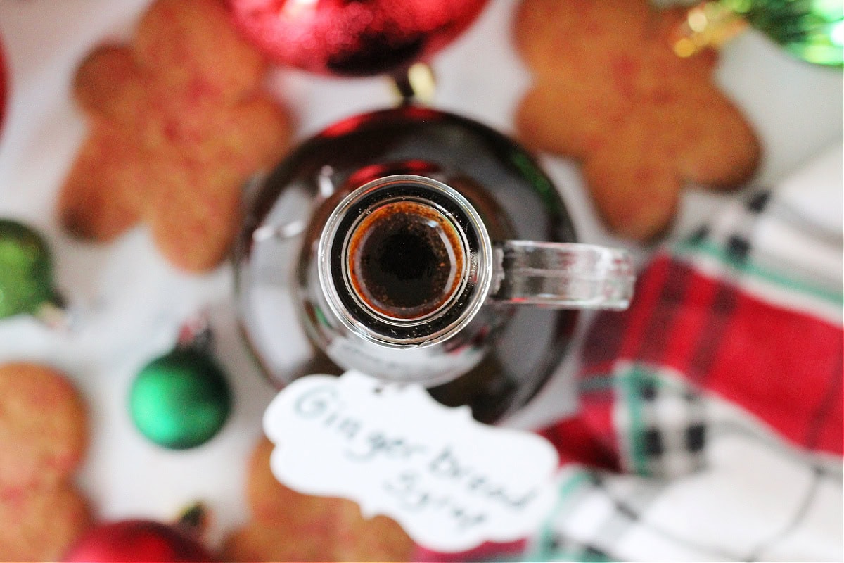 Overhead photo looking into the top of the gingerbread syrup bottle.