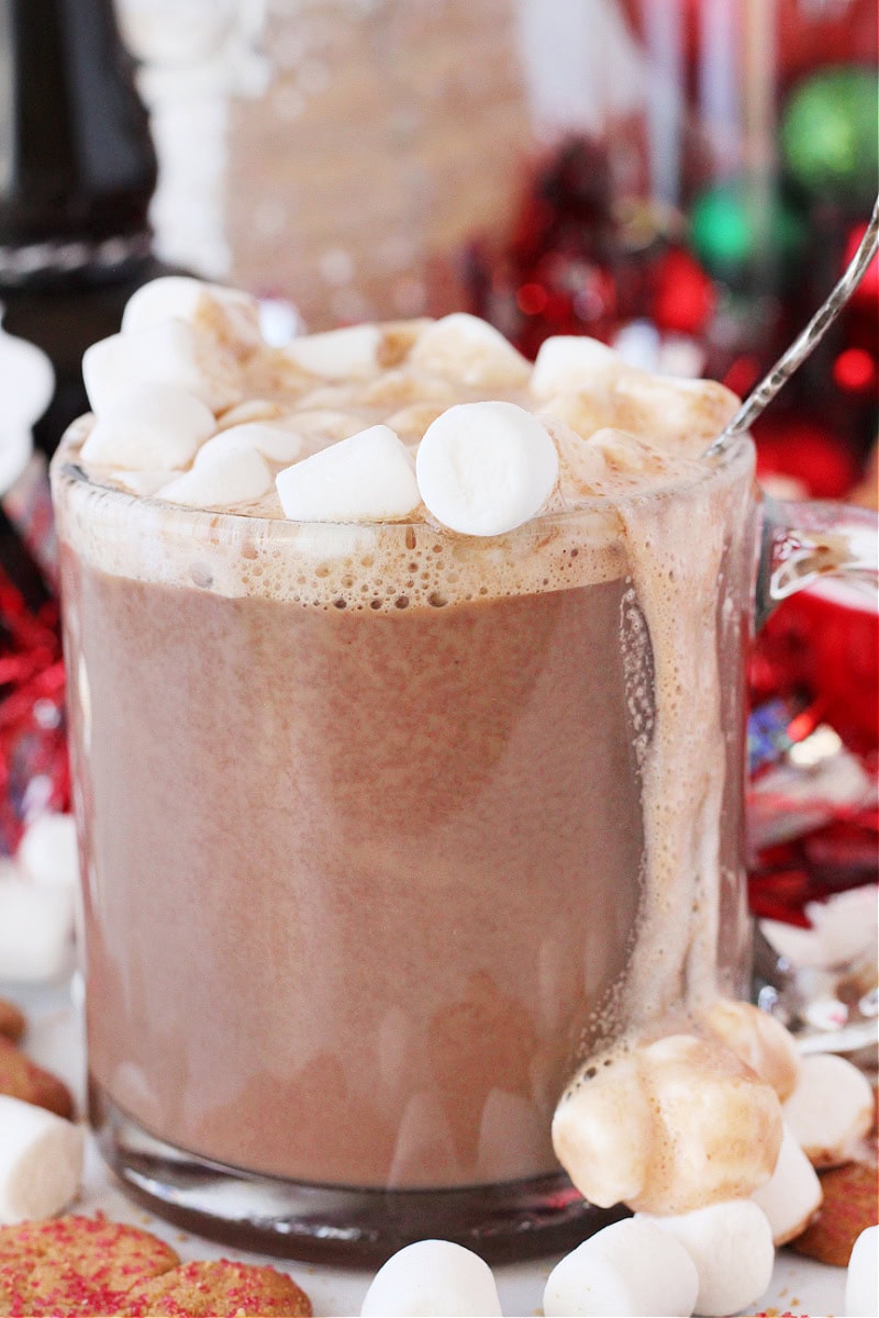 Glass mug of gingerbread hot cocoa with marshmallows dripping down the side.