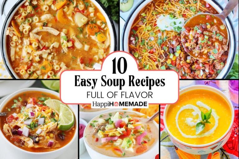 A photo collage of soups with text overlay.