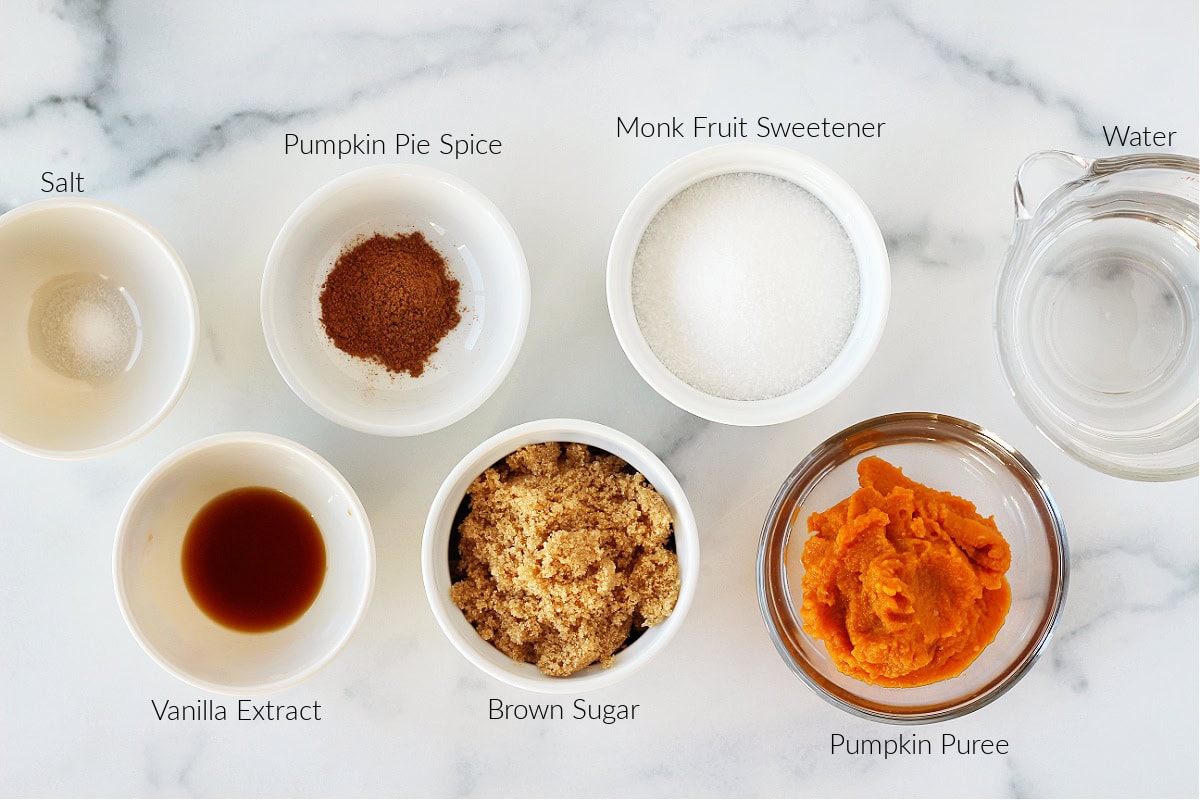 Labeled ingredients for healthier pumpkin pie coffee syrup.