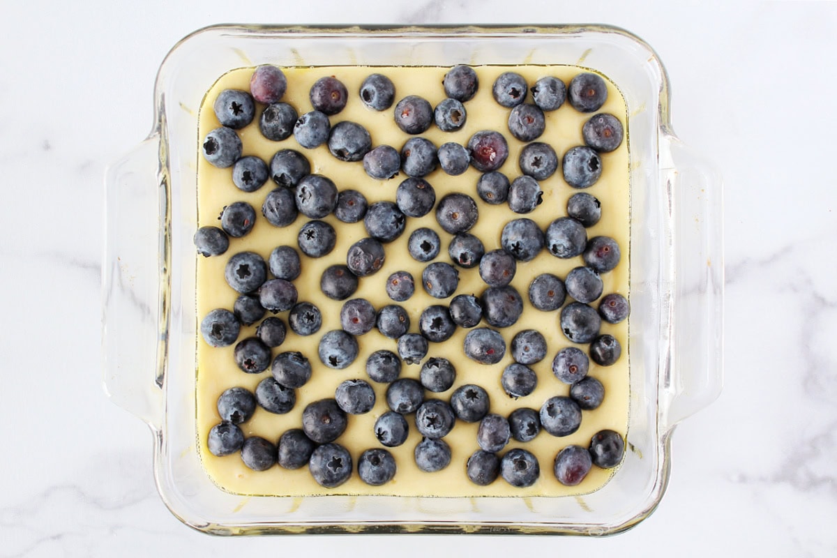 Fresh blueberries on top of coffee cake batter in a pan.