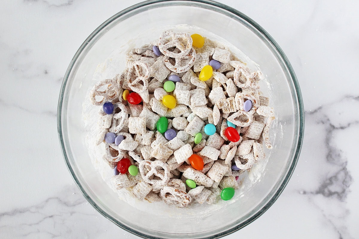A bowl of bunny bait with pastel M&Ms and jelly beans.