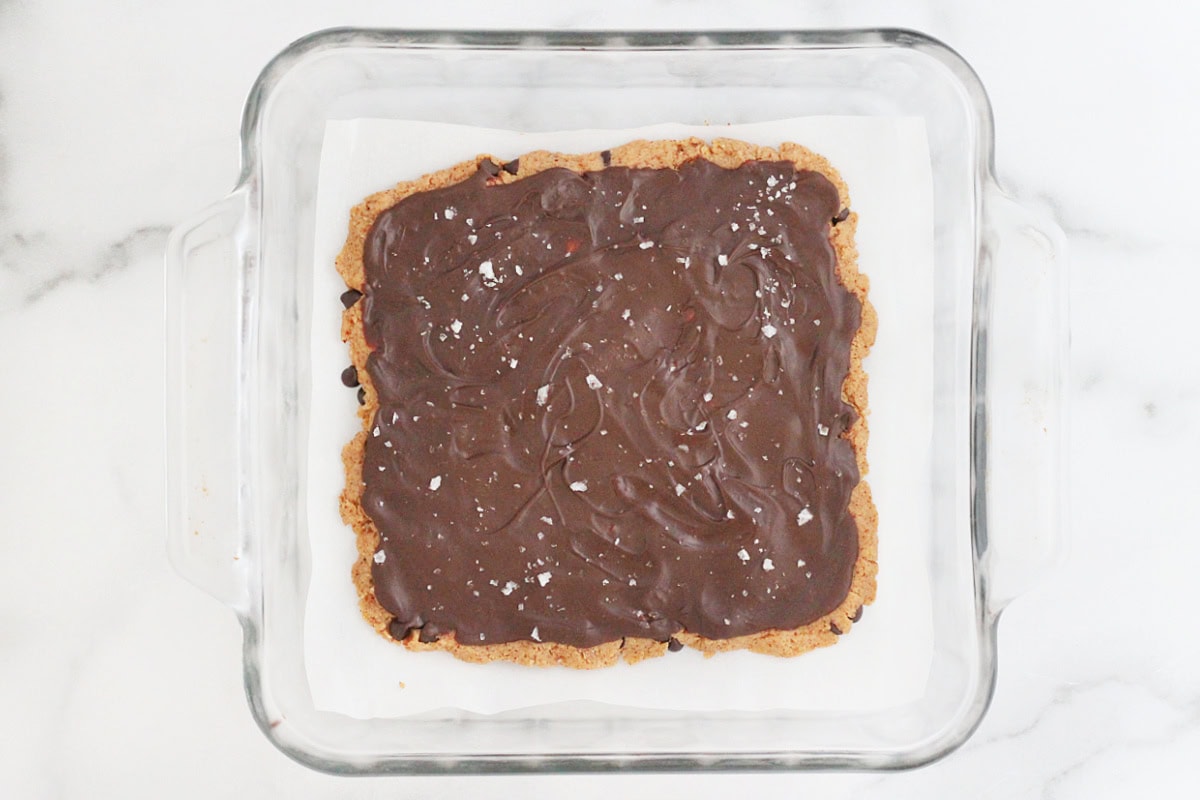 Cookie dough bark sprinkled with flaked sea salt.