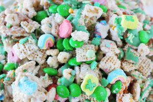 Close up image of leprechaun bait with Lucky Charms and green M&Ms.