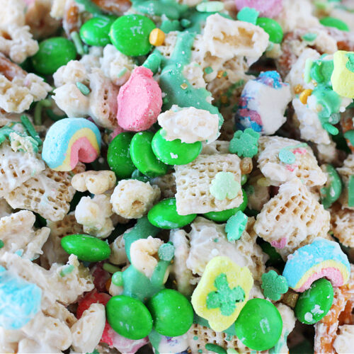 Close up image of leprechaun bait with Lucky Charms and green M&Ms.