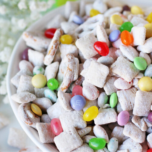 A bowl of bunny bait with jelly beans and pastel M&Ms.