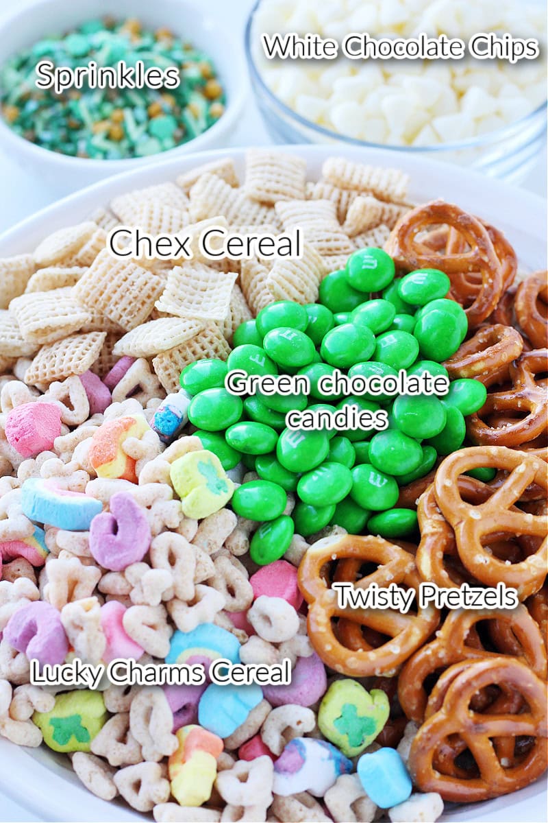 Sprinkles, white chocolate chips, pretzels, Lucky Charms, Chex cereal, and green M&Ms.