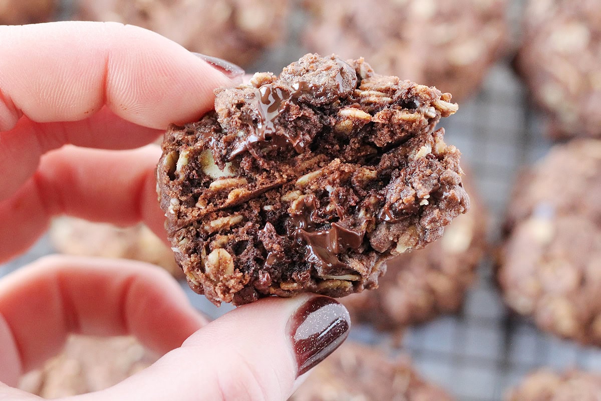 A woman's fingers holding two halves of a melty double chocolate chip oatmeal cookie.
