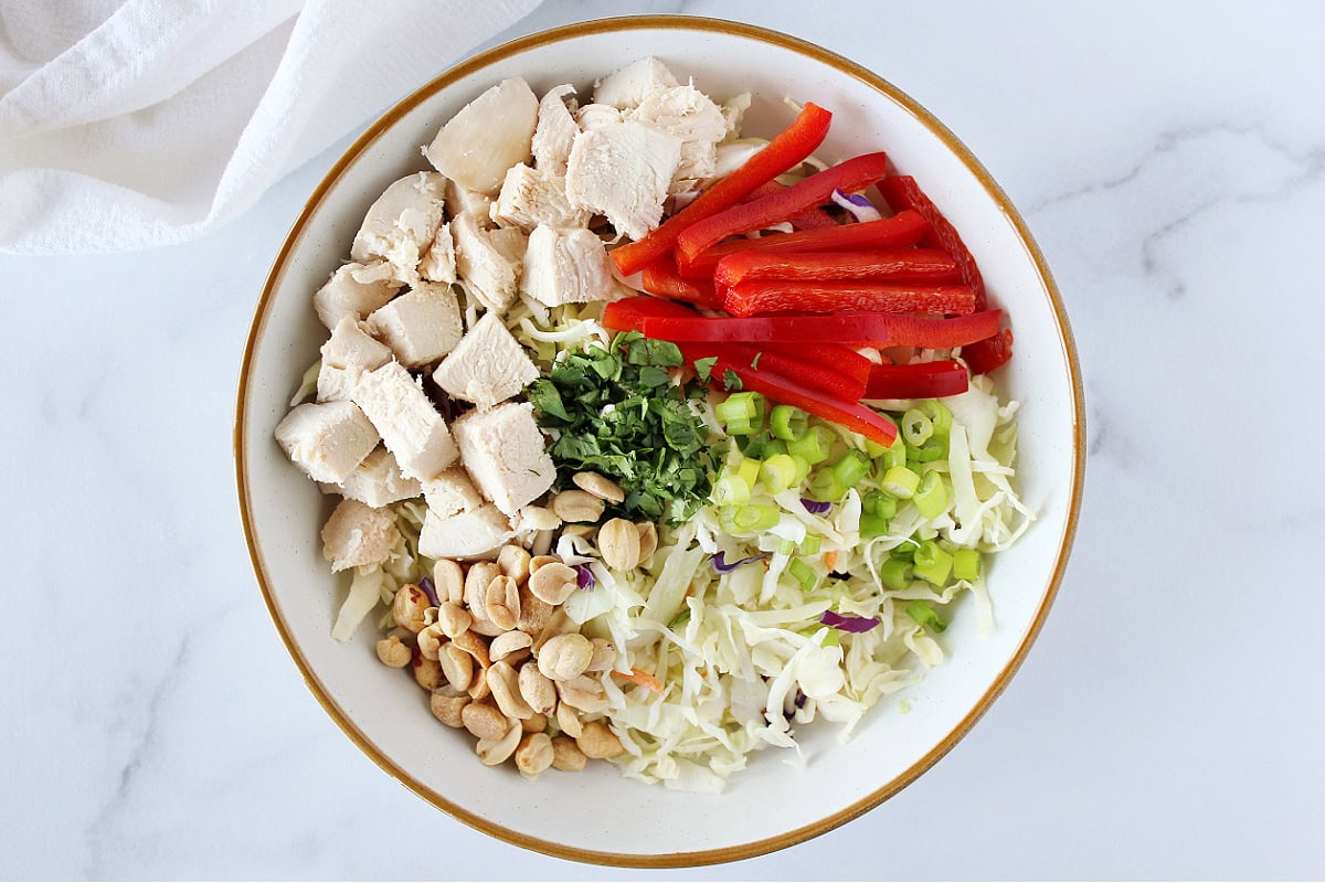 Diced chicken, red bell pepper slices, peanuts, cabbage and herbs in a white bowl.