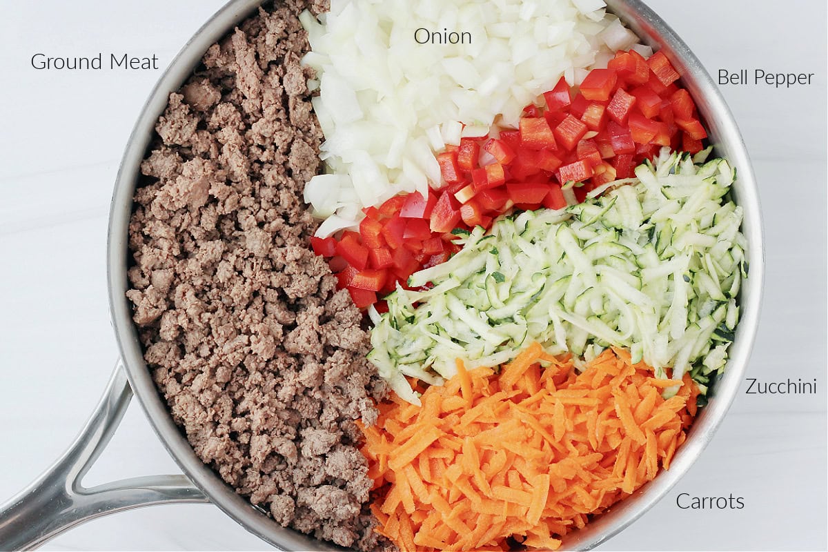 Browned ground meat, chopped onion and peppers and shredded zucchini and carrots.
