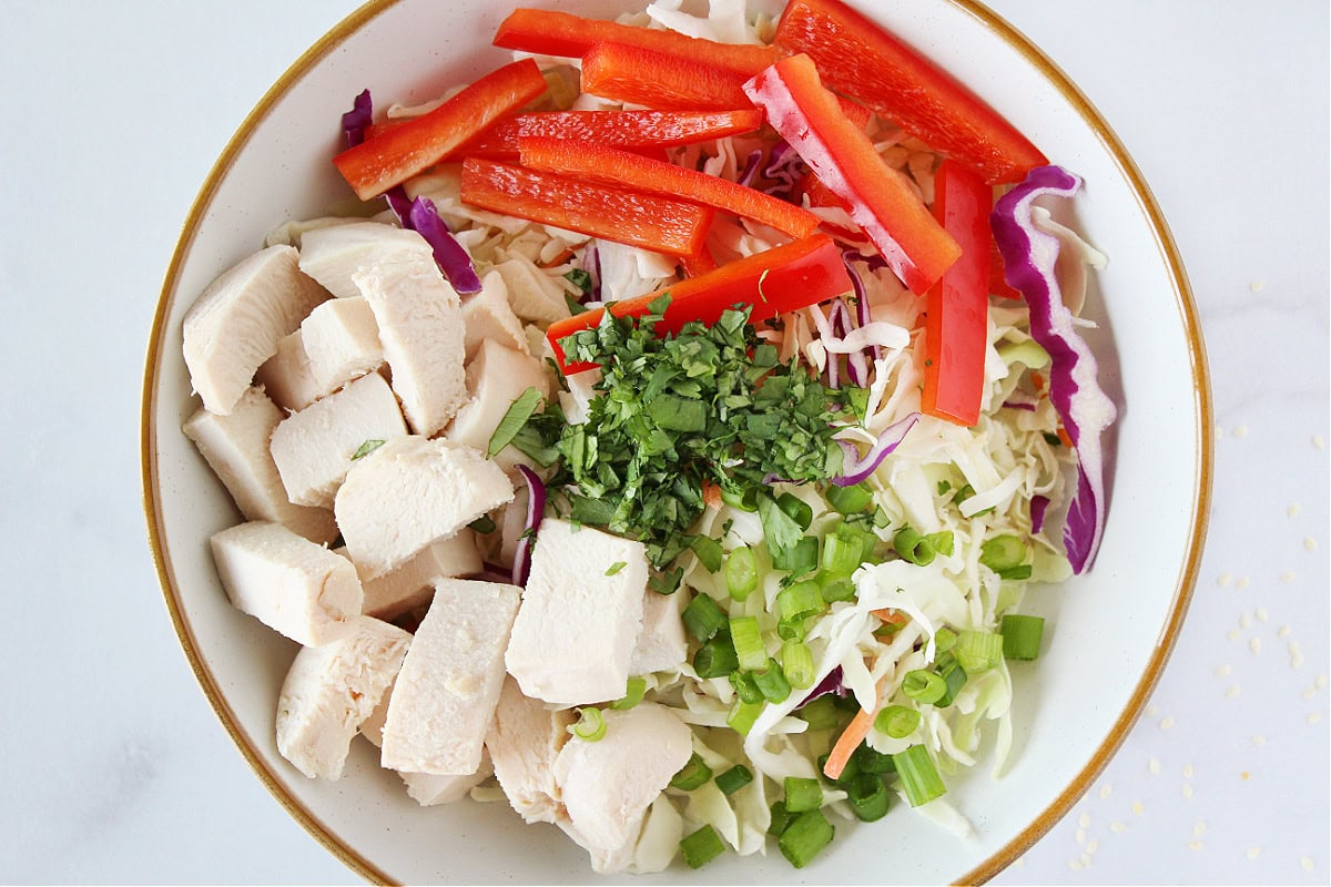 Shredded cabbage, green onion, red bell pepper, chicken and cilantro in a white bowl.