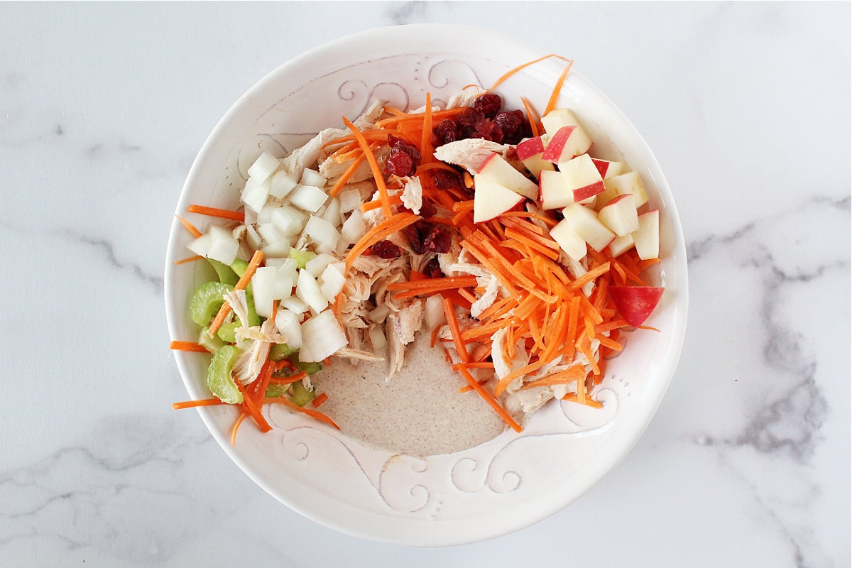 Shredded carrots, diced apples, onion, dried cranberries on top of a cinnamon yogurt dressing.