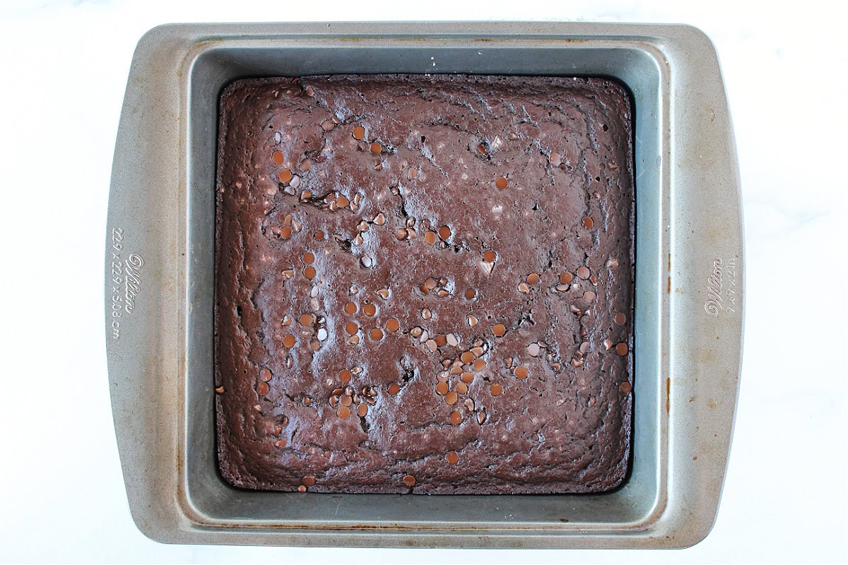 Uncut baked brownies topped with chocolate chips in a metal pan.