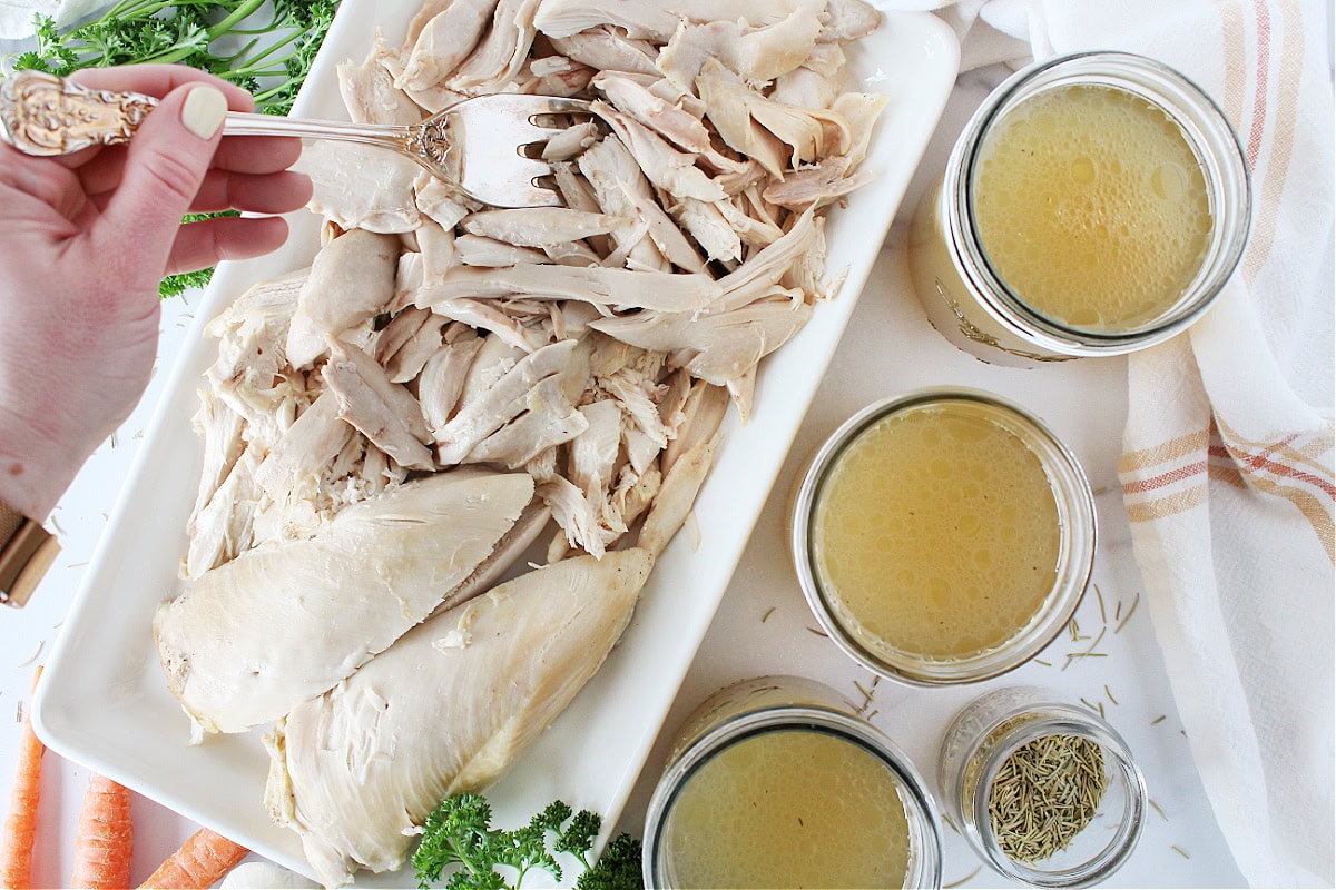 A woman's hand using a large gold fork to get a piece of shredded chicken.