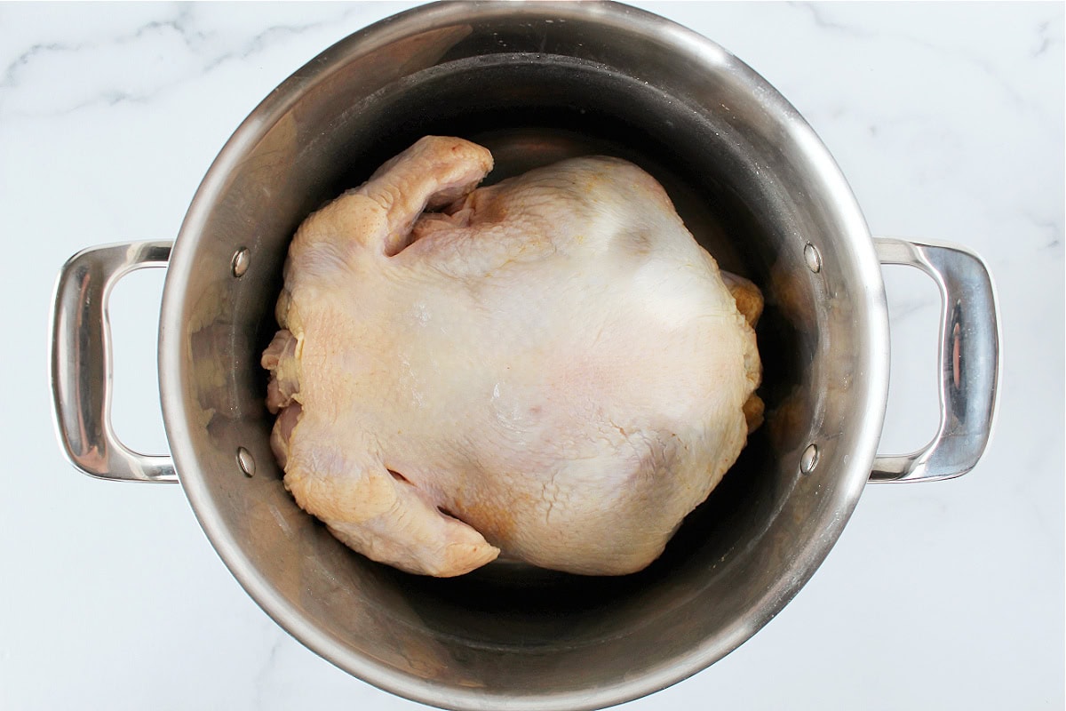 A raw whole chicken in a large stainless steel soup pot.