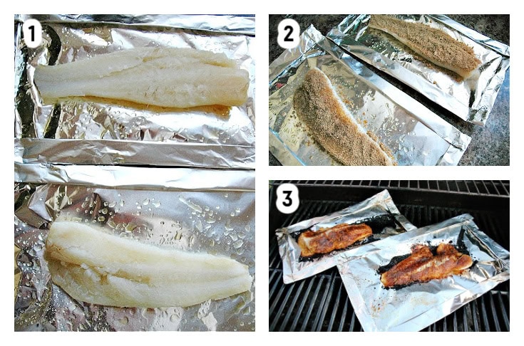A numbered gallery of two fresh cod filets, them seasoned with a rub, and grilled.