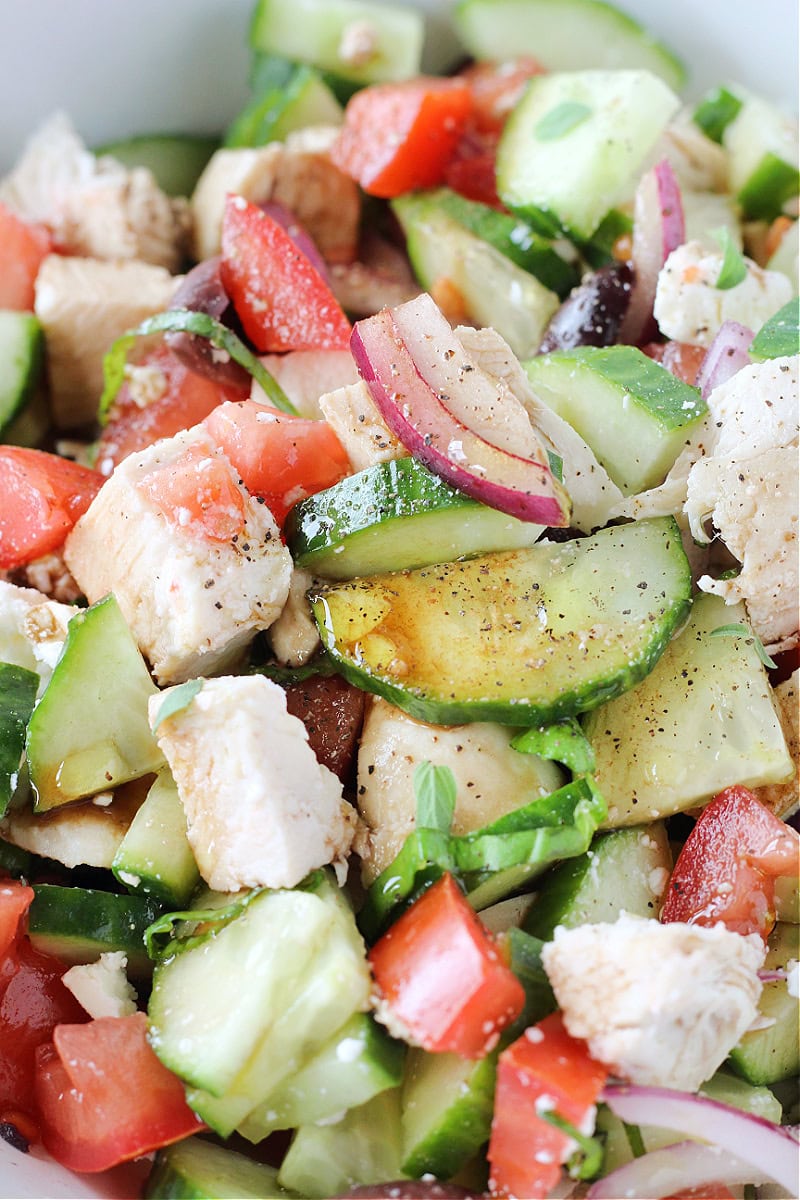 Balsamic vinegar and oil over fresh veggies and diced chicken.