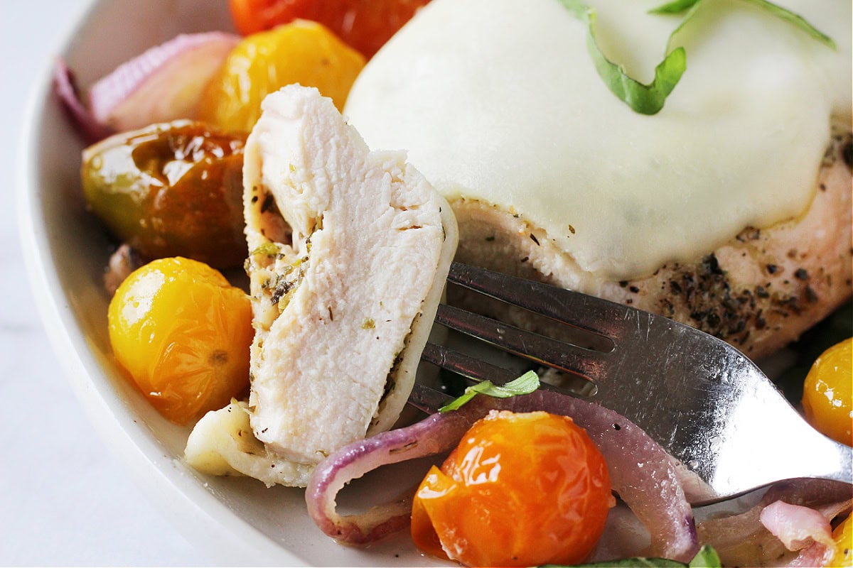 Mozzarella cheese and chicken on a fork with roasted cherry tomatoes, basil and red onion.