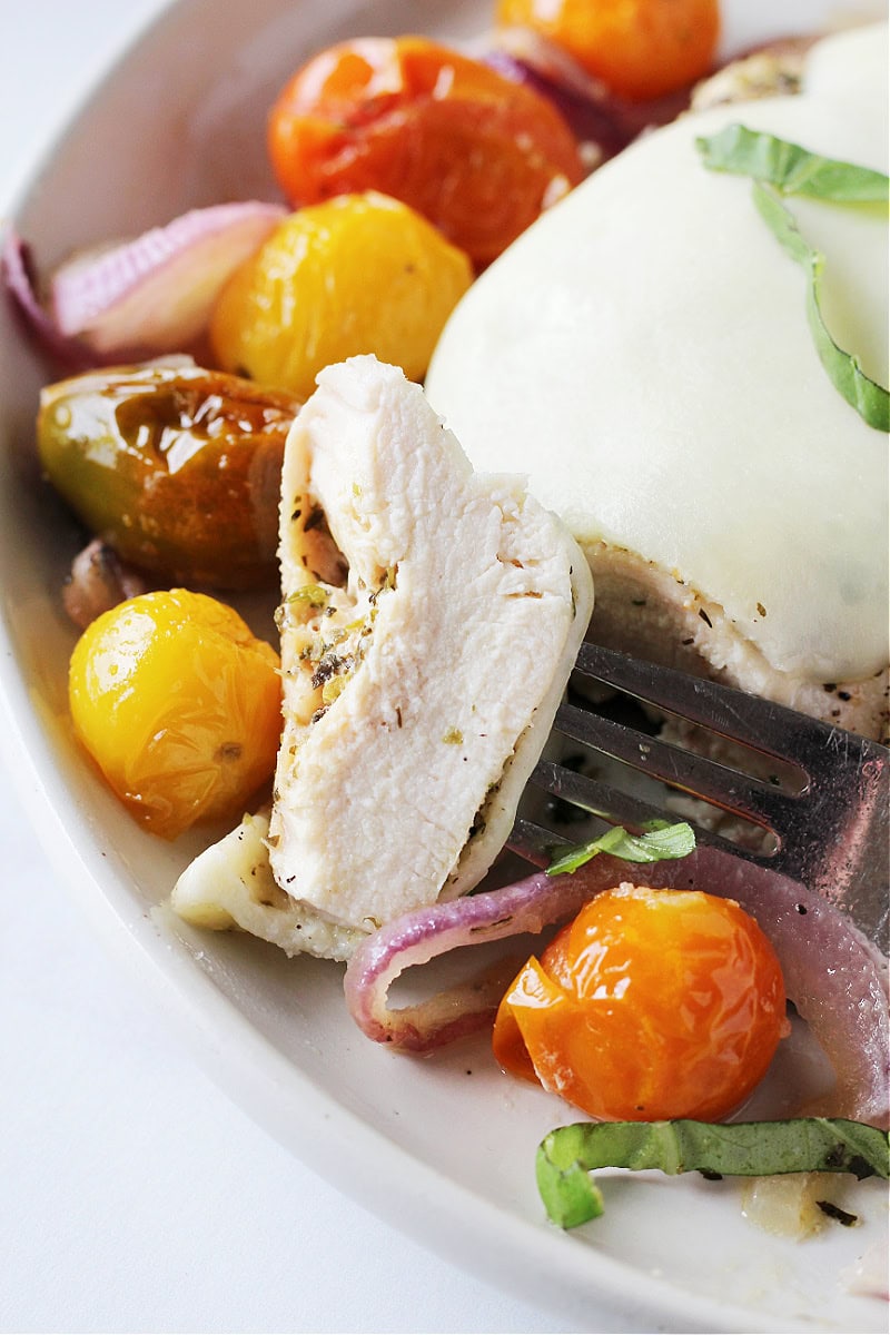Chicken breast on a fork surrounded by roasted tomatoes and red onion.