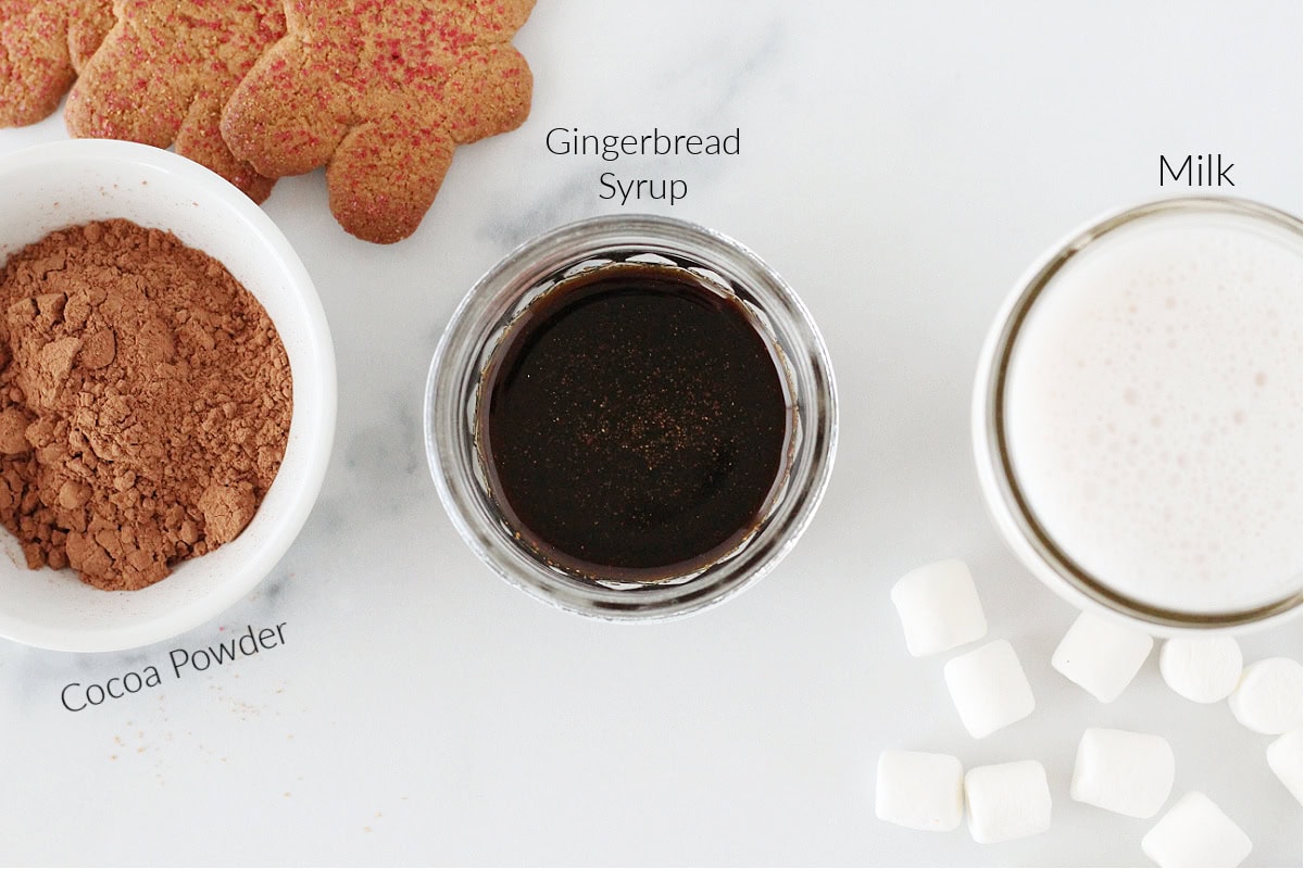Labeled ingredients for gingerbread hot cocoa on a white marble countertop.