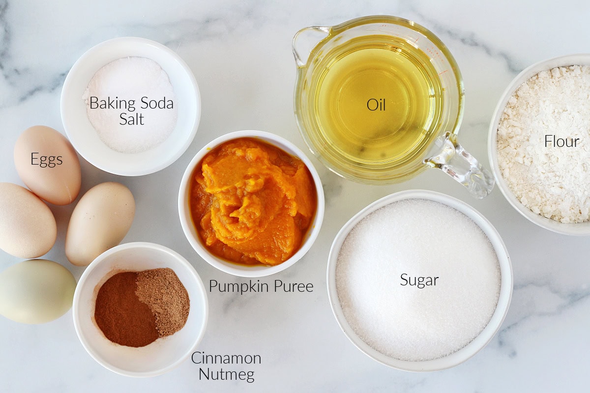 Labeled ingredients for easy old fashioned pumpkin bread on a white marble countertop.