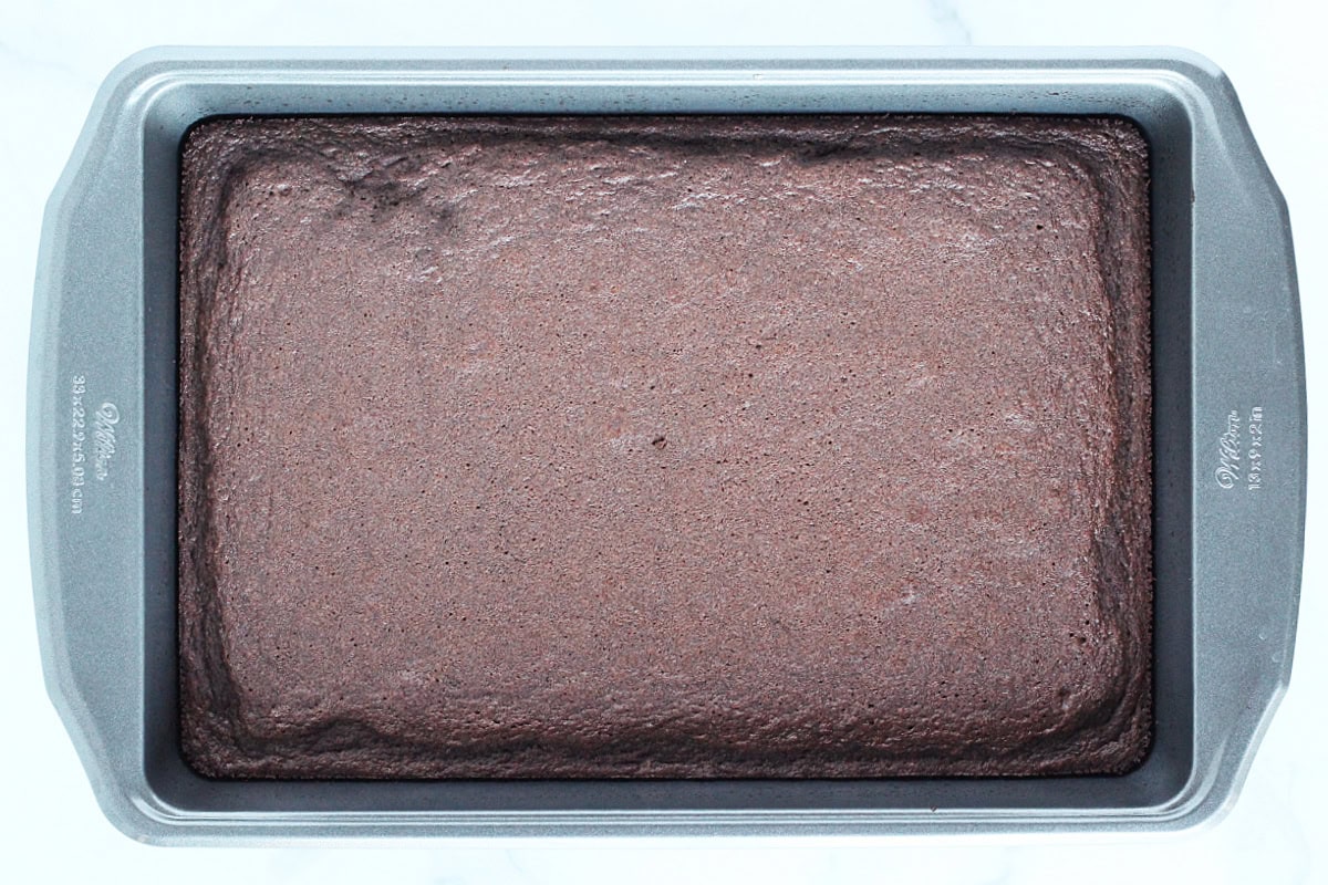 A 9x13 metal pan of baked brownies.
