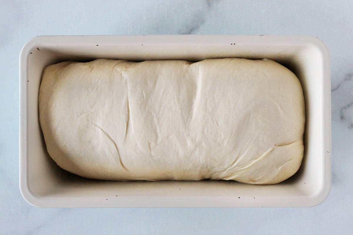 Sourdough bread dough in an 8x4 metal pan.