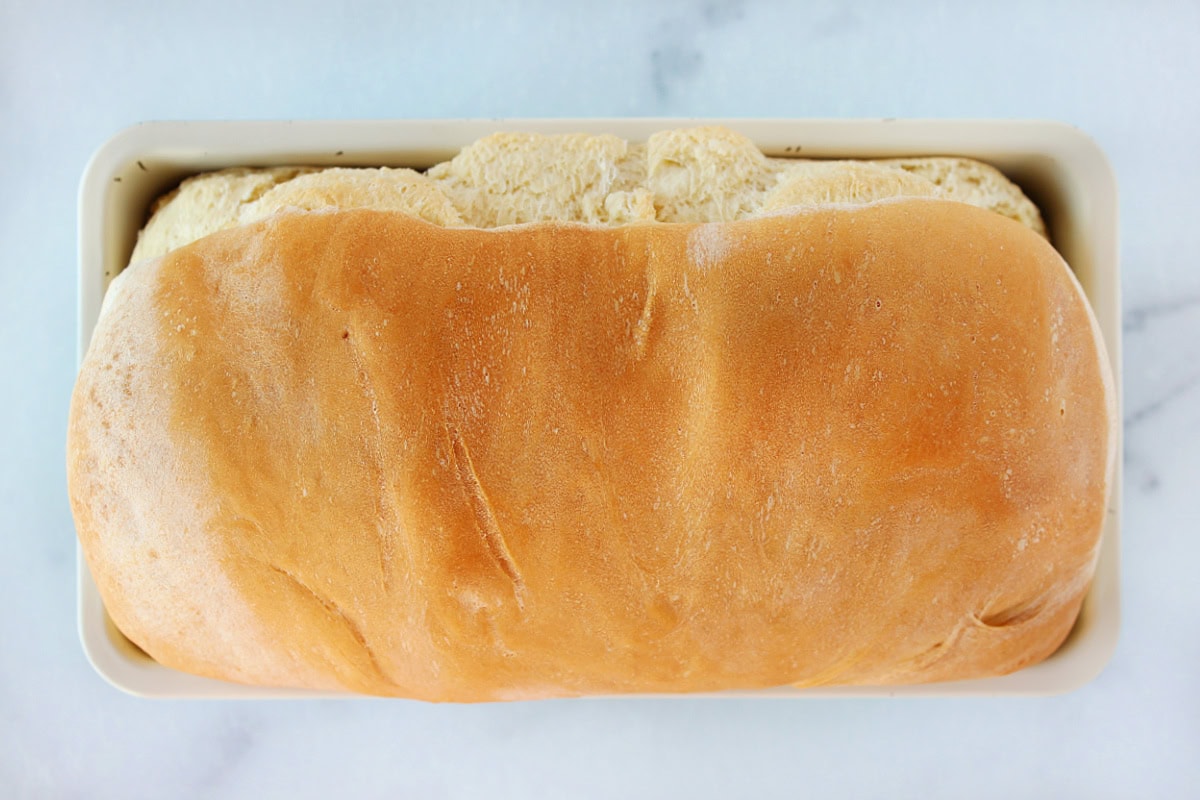 Golden brown baked discard sourdough sandwich loaf in a metal bread pan.