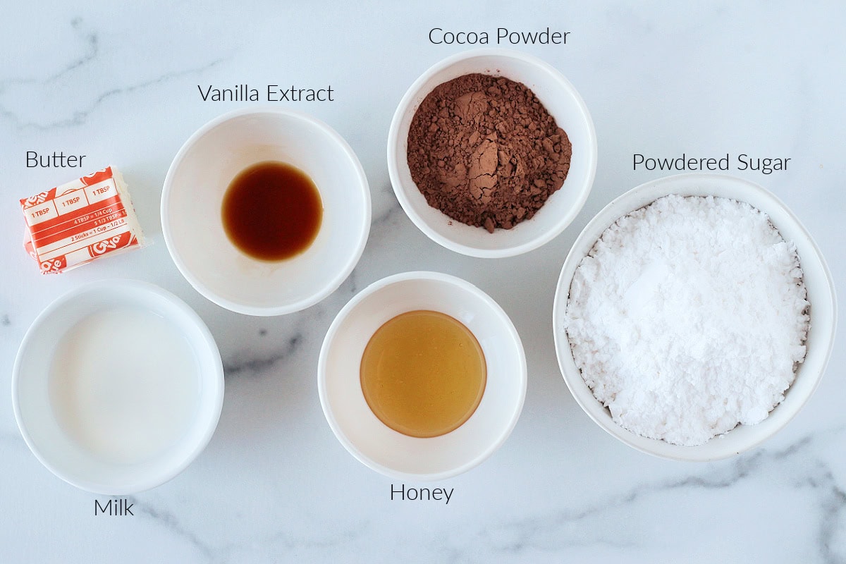 Labeled ingredients for homemade chocolate brownie frosting.