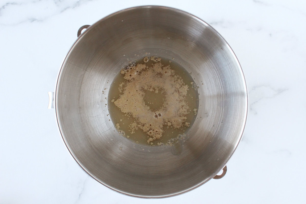Bubbly yeast with water and honey in the bowl of a stand mixer.