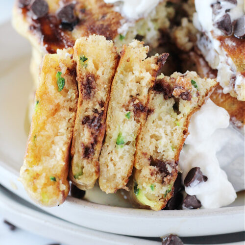 Chocolate chip zucchini pancakes on a fork.