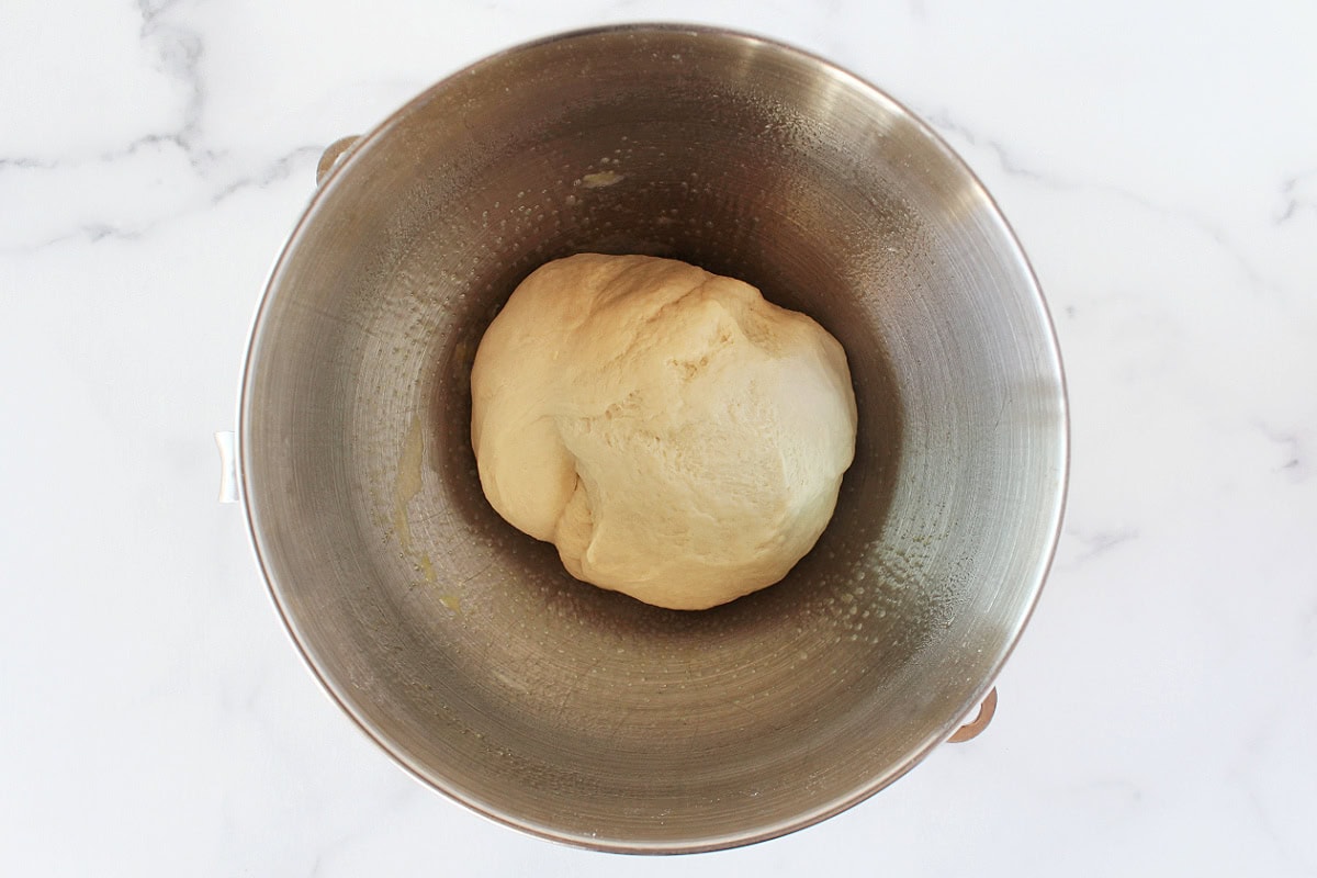 Sourdough in a greased metal stand mixer bowl.