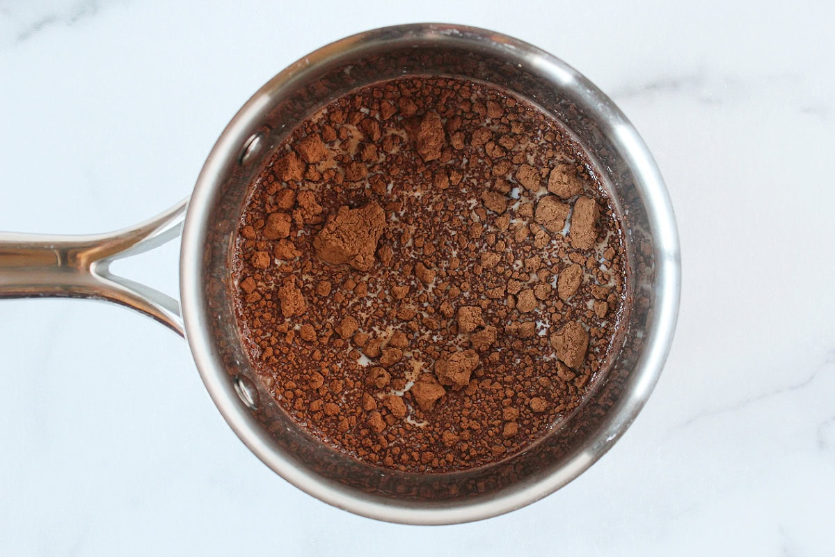 Cocoa powder and milk in a saucepan.