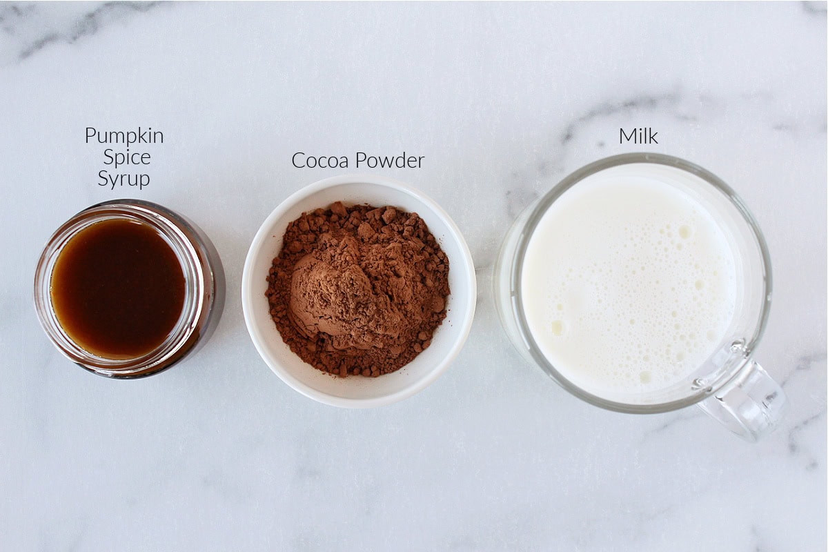 Labeled ingredients for pumpkin spice hot chocolate on a white marble countertop.