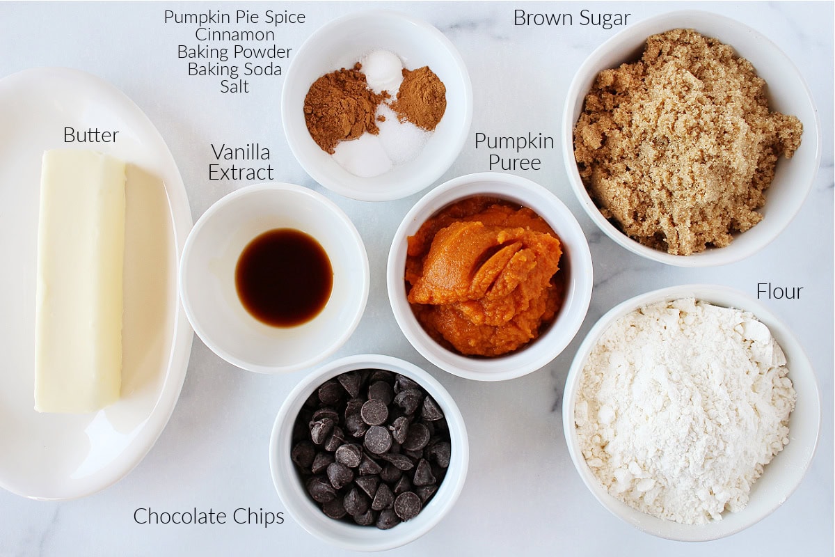 Labeled ingredients for chocolate chip pumpkin cookies on a white marble countertop.