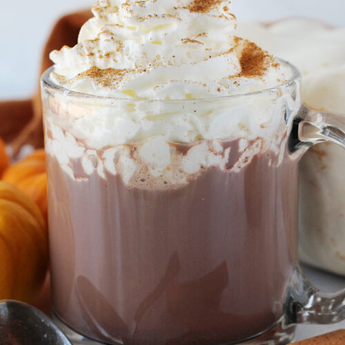 Cinnamon sticks and a vintage spoon beside a mug of pumpkin spice hot chocolate.