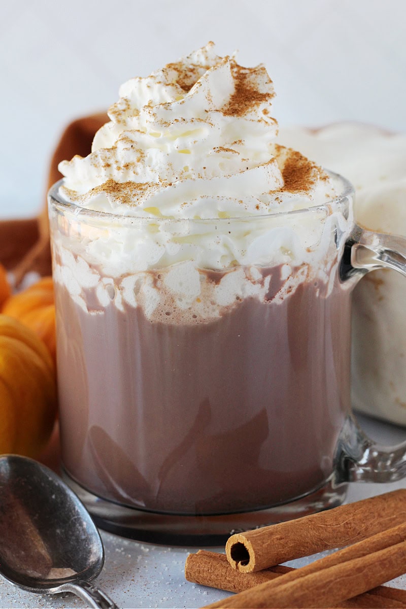 Cinnamon sticks and a vintage spoon beside a mug of pumpkin spice hot chocolate.