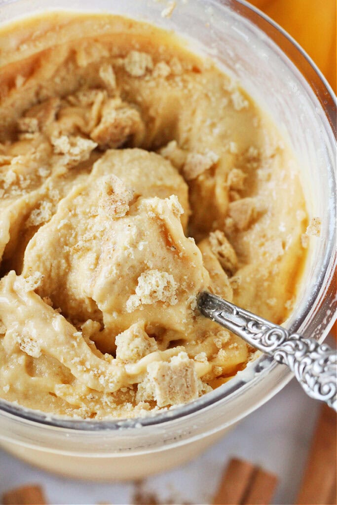 Vintage spoon in pint of Ninja Creami pumpkin pie ice cream.