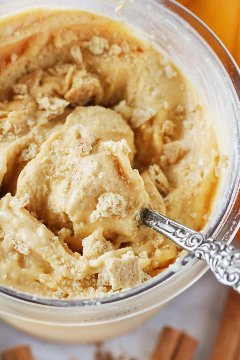 Vintage spoon in pint of Ninja Creami pumpkin pie ice cream.