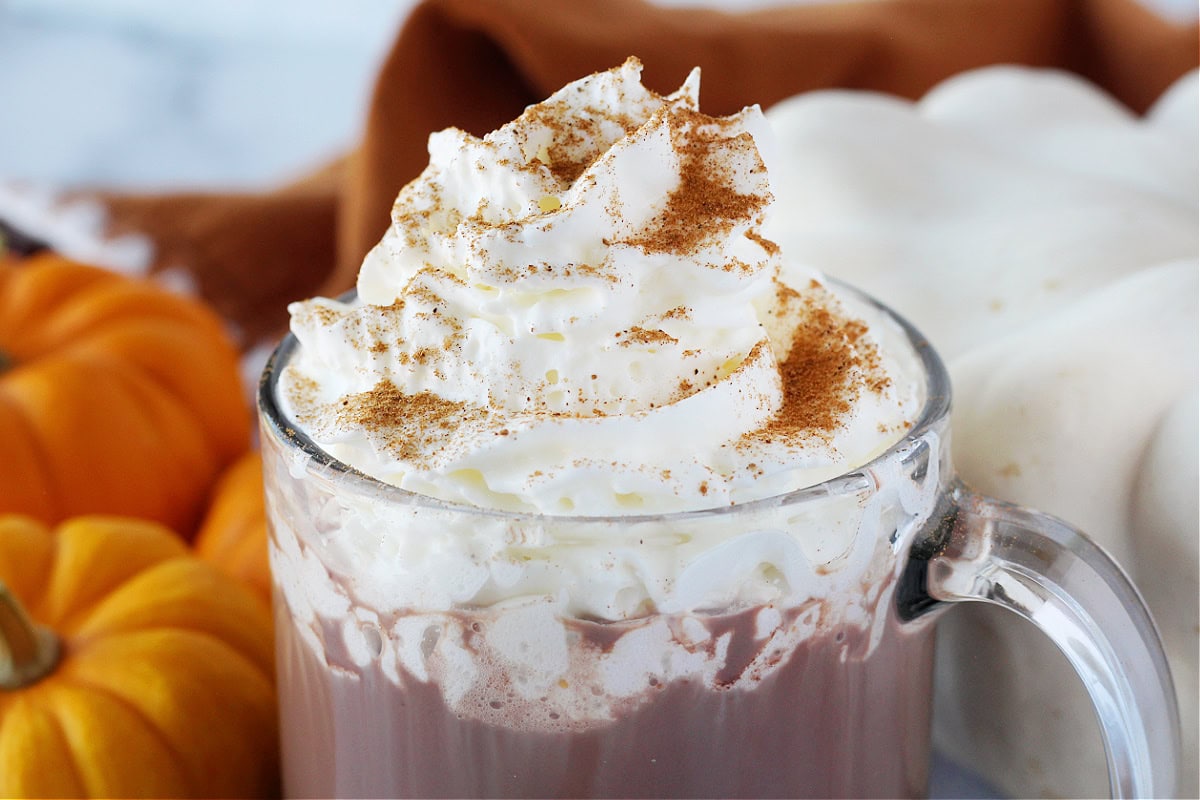 Pumpkin spice hot chocolate in a glass mug topped with whipped cream.