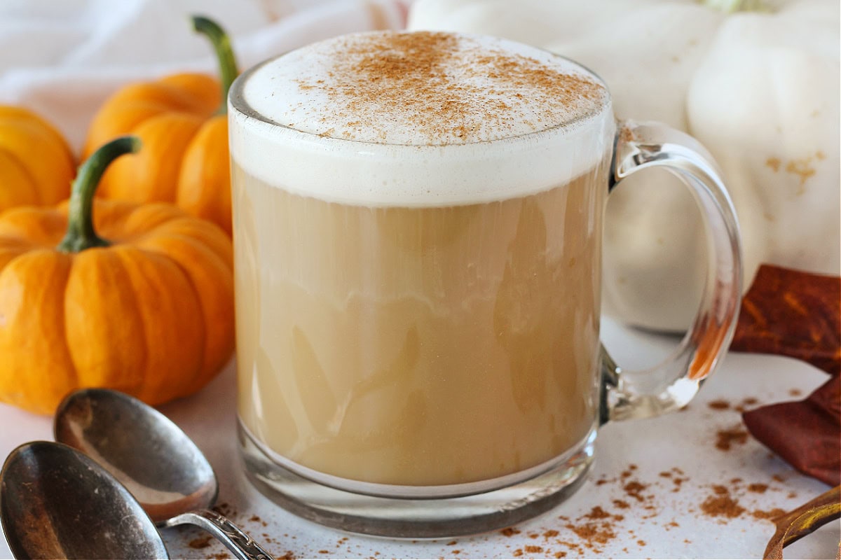 Coffee with collagen topped with frothed half and half and pumpkin pie spice.
