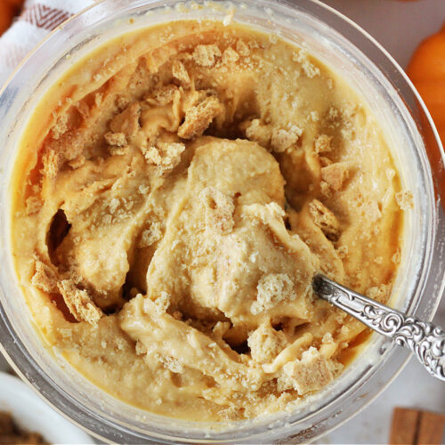 A vintage spoon in a Ninja Creami pint of pumpkin pie ice cream with graham crackers.