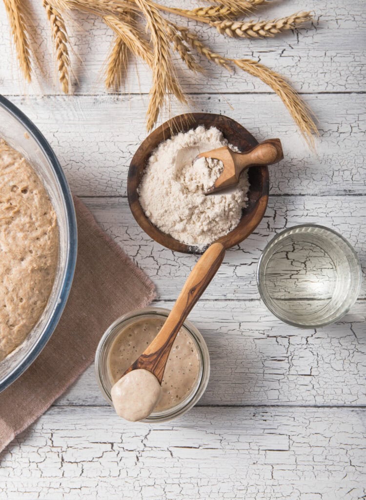 Flour, water, sourdough starter and bread dough in bowls.