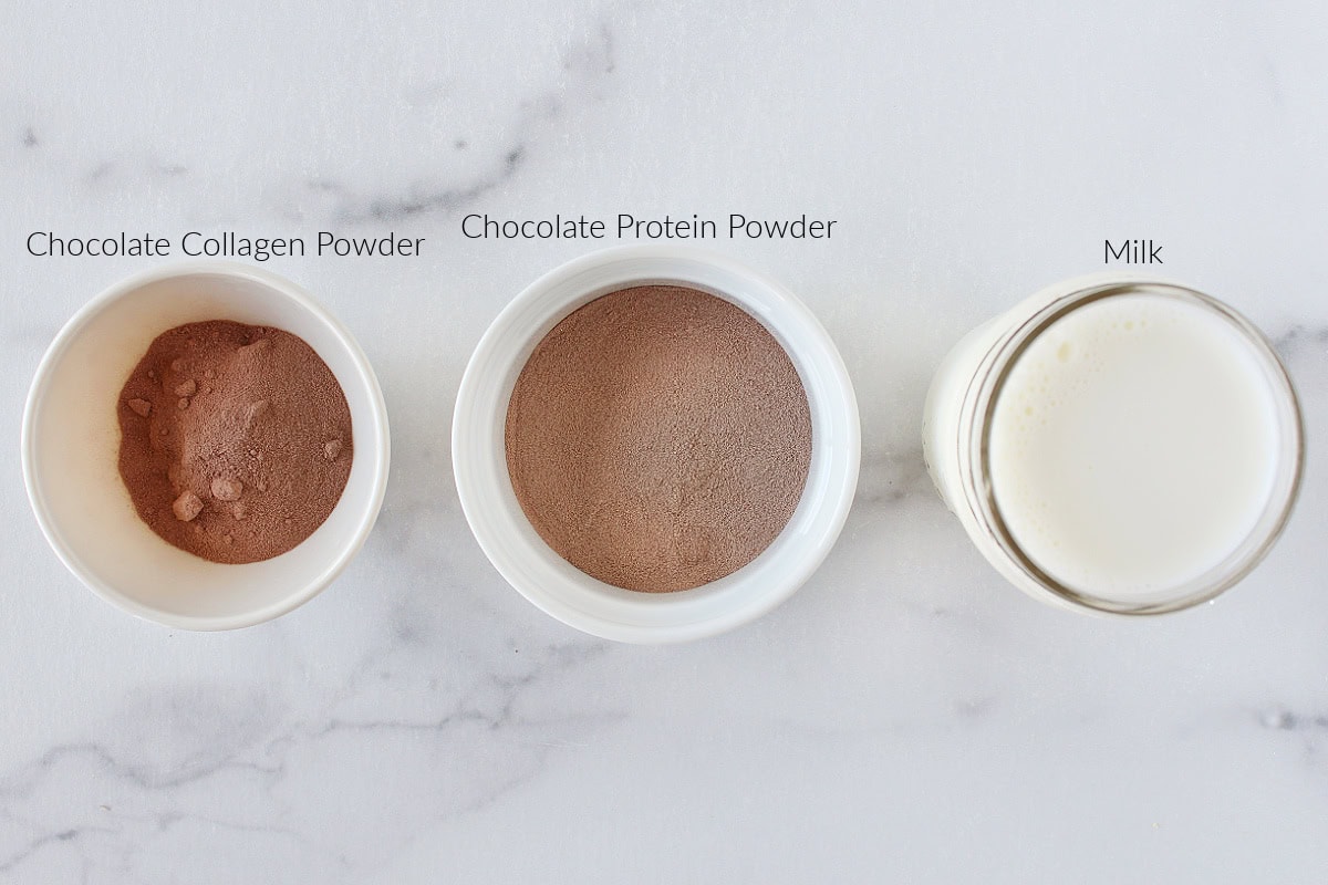 Chocolate collagen, collagen protein powder, milk in bowls for Ninja Creami chocolate ice cream.