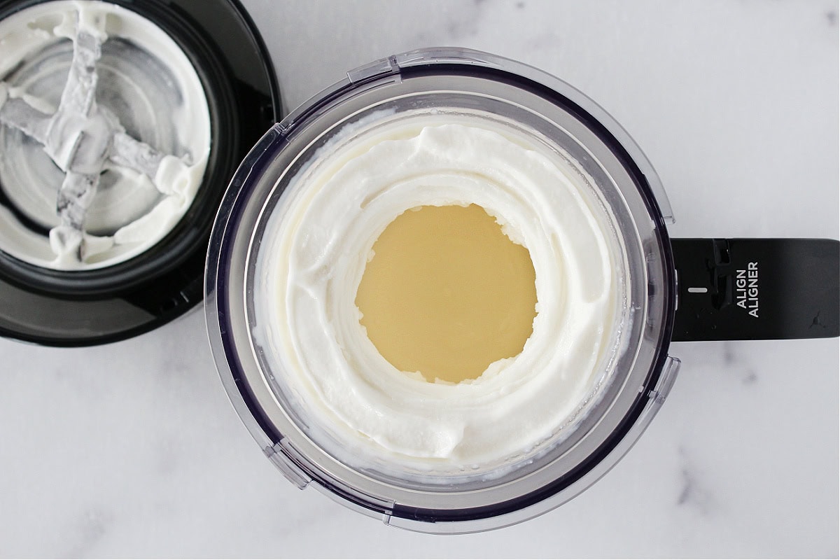 Ninja Creami outer base and with homemade vanilla ice cream.