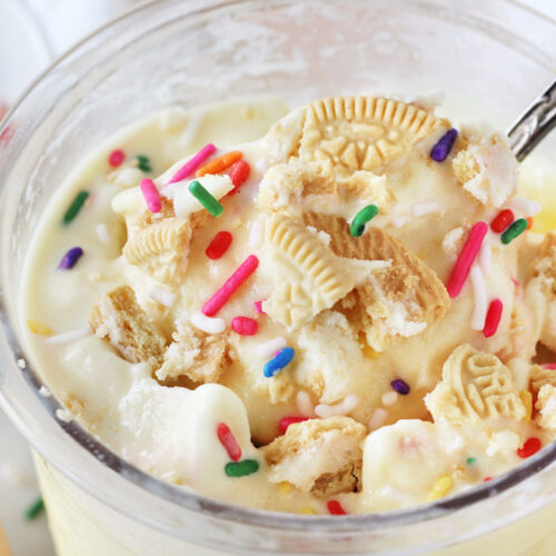 Crushed golden Oreo cookies and rainbow sprinkles on cake batter ice cream.